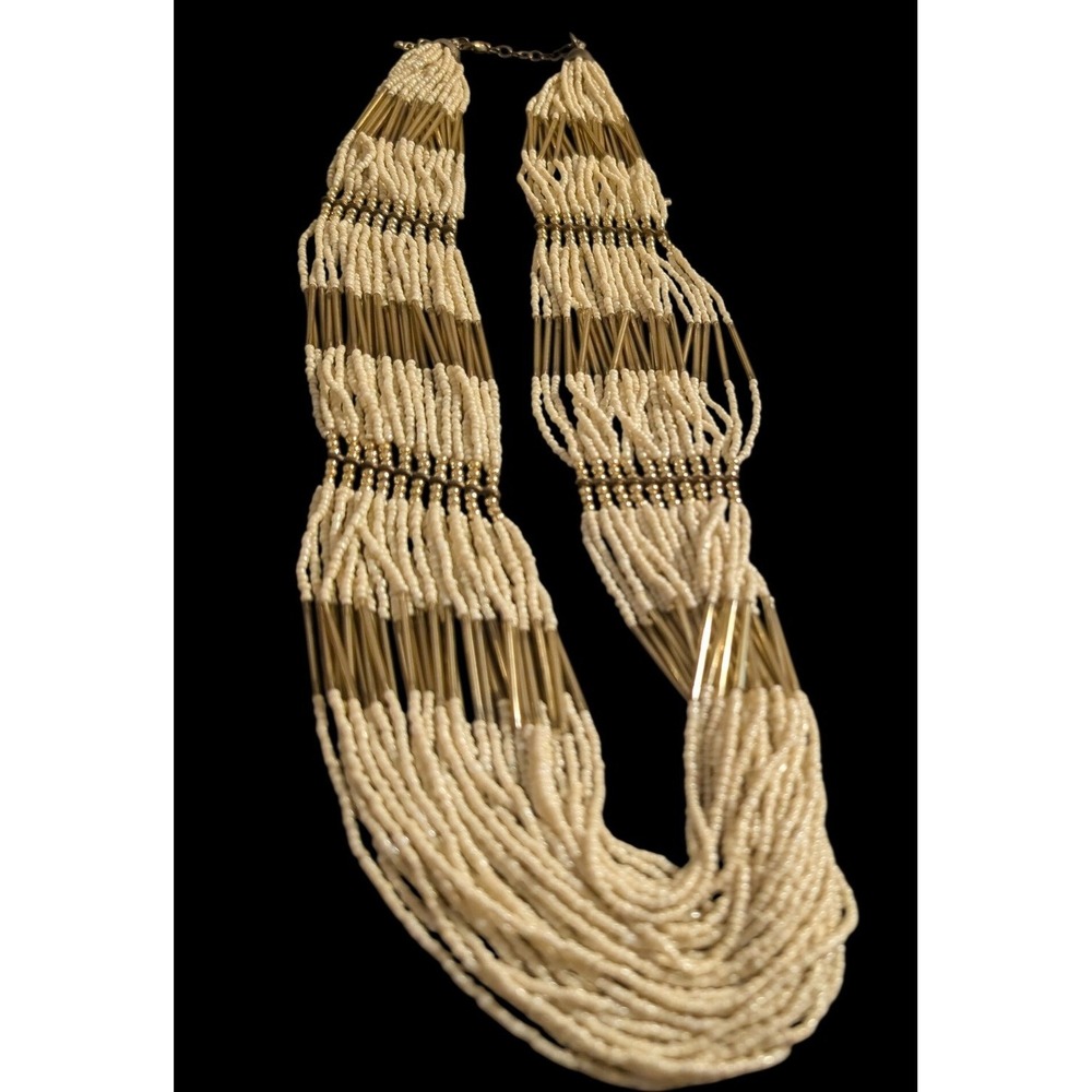 Vintage Multi Strand Seed Bead Necklace Cream Gold Glass Bugle Statement Layered